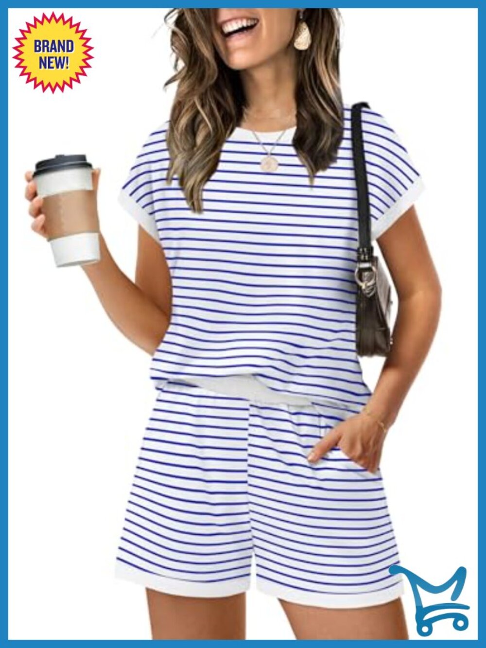 Two Piece Lounge Short Set - Cap Sleeve Crew Neck Sweatsuit with Pockets